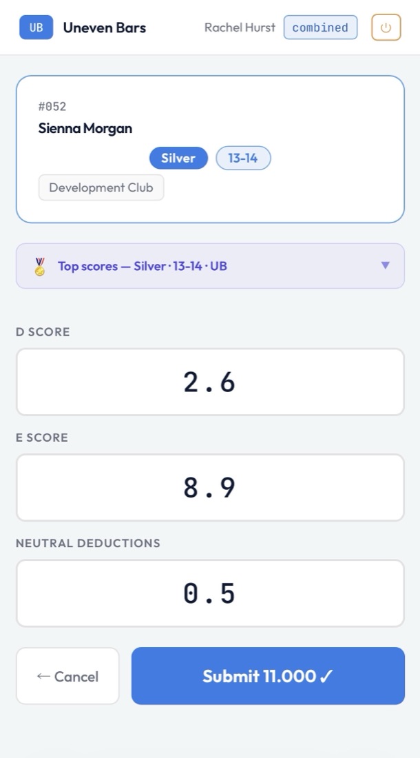 ChalkItUp judge score entry on a phone: D score, E score and neutral deductions for a gymnast on uneven bars