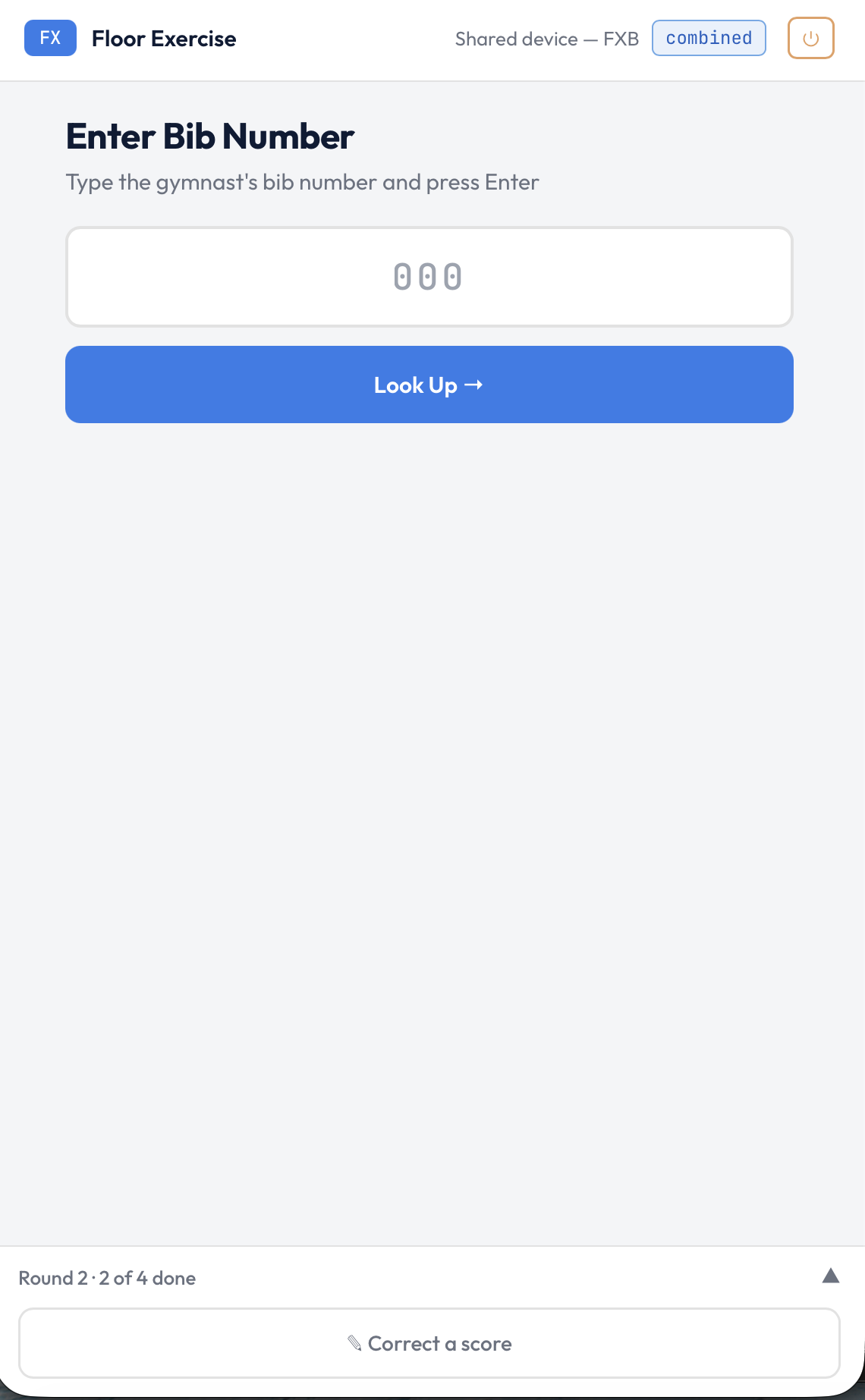 Judge scoring screen with the rotation progress widget collapsed, showing 'Round 2 · 2 of 4 done'