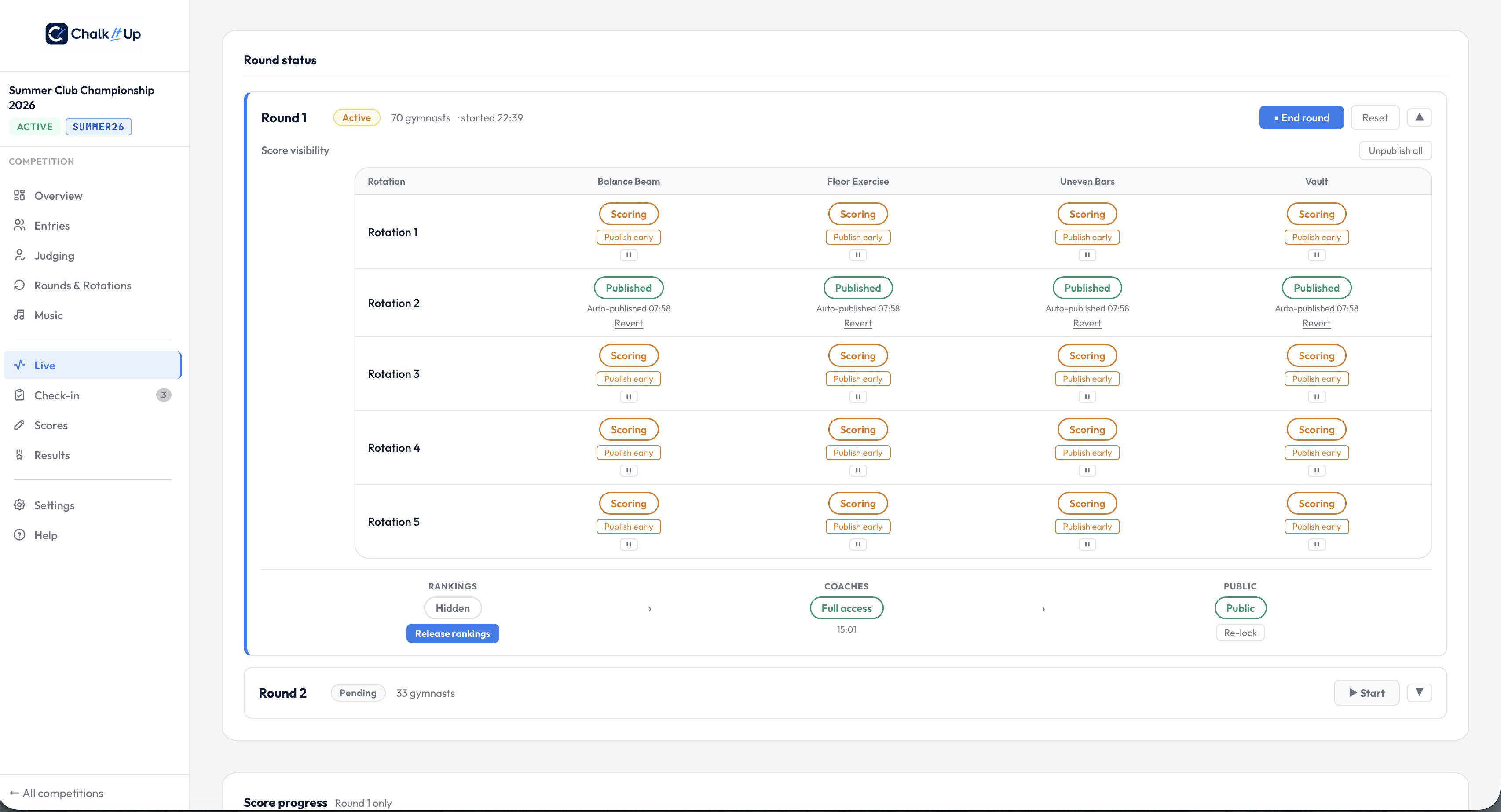 Live tab round status showing per-rotation publish controls and Rankings / Coaches / Public visibility toggles with a Release rankings button