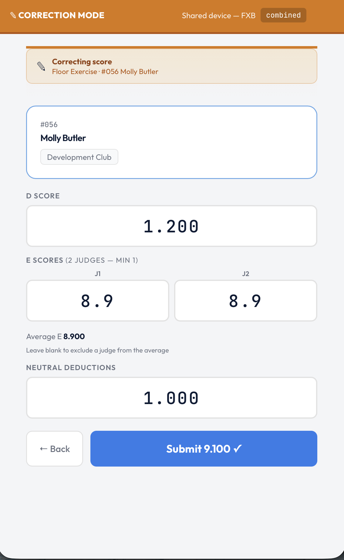 Correction mode modal showing D score, individual J1 and J2 E score fields with a live average, and neutral deductions for a shared device panel