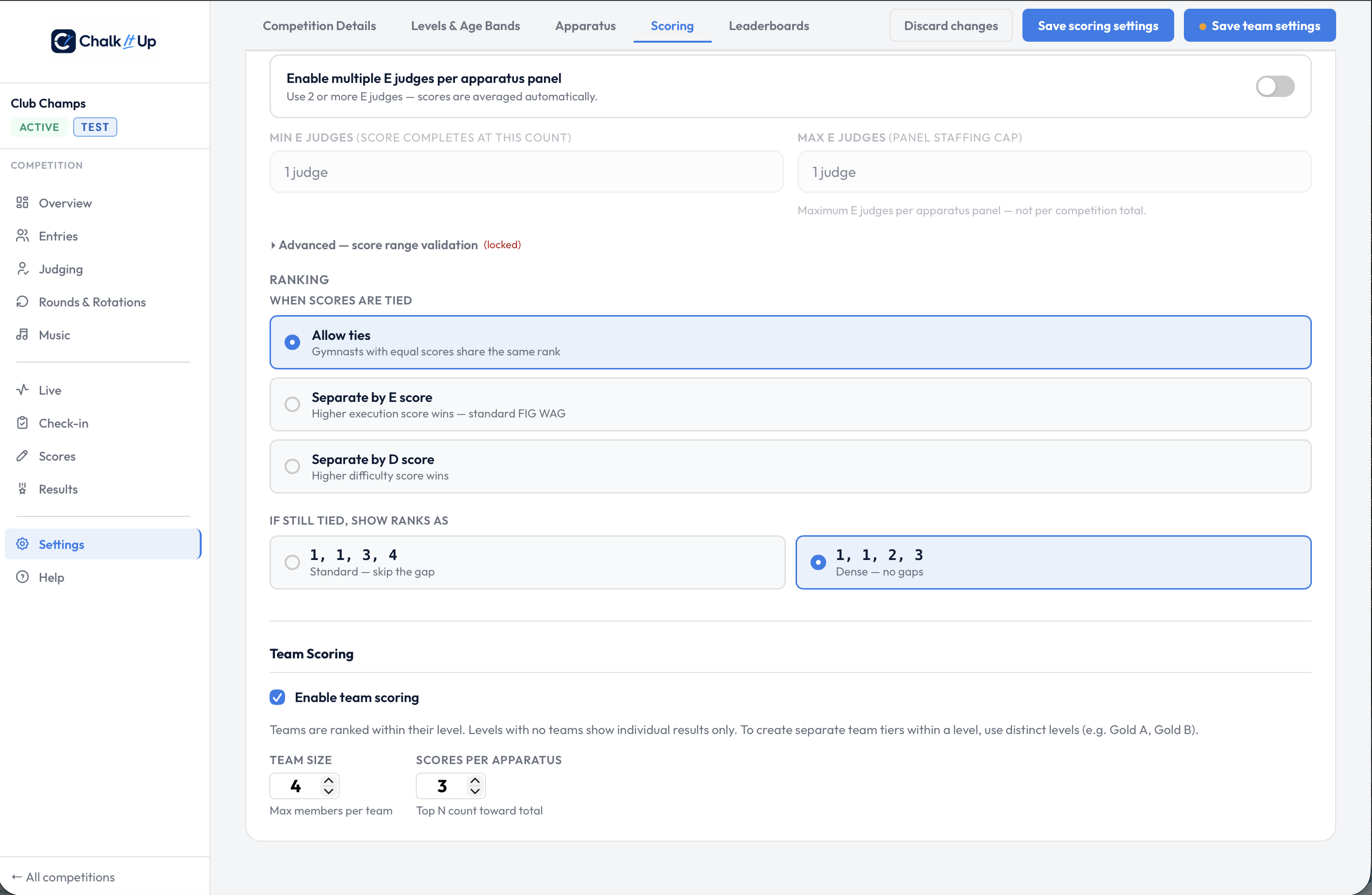 Settings → Scoring showing Team size set to 4 and Scores per apparatus set to 3